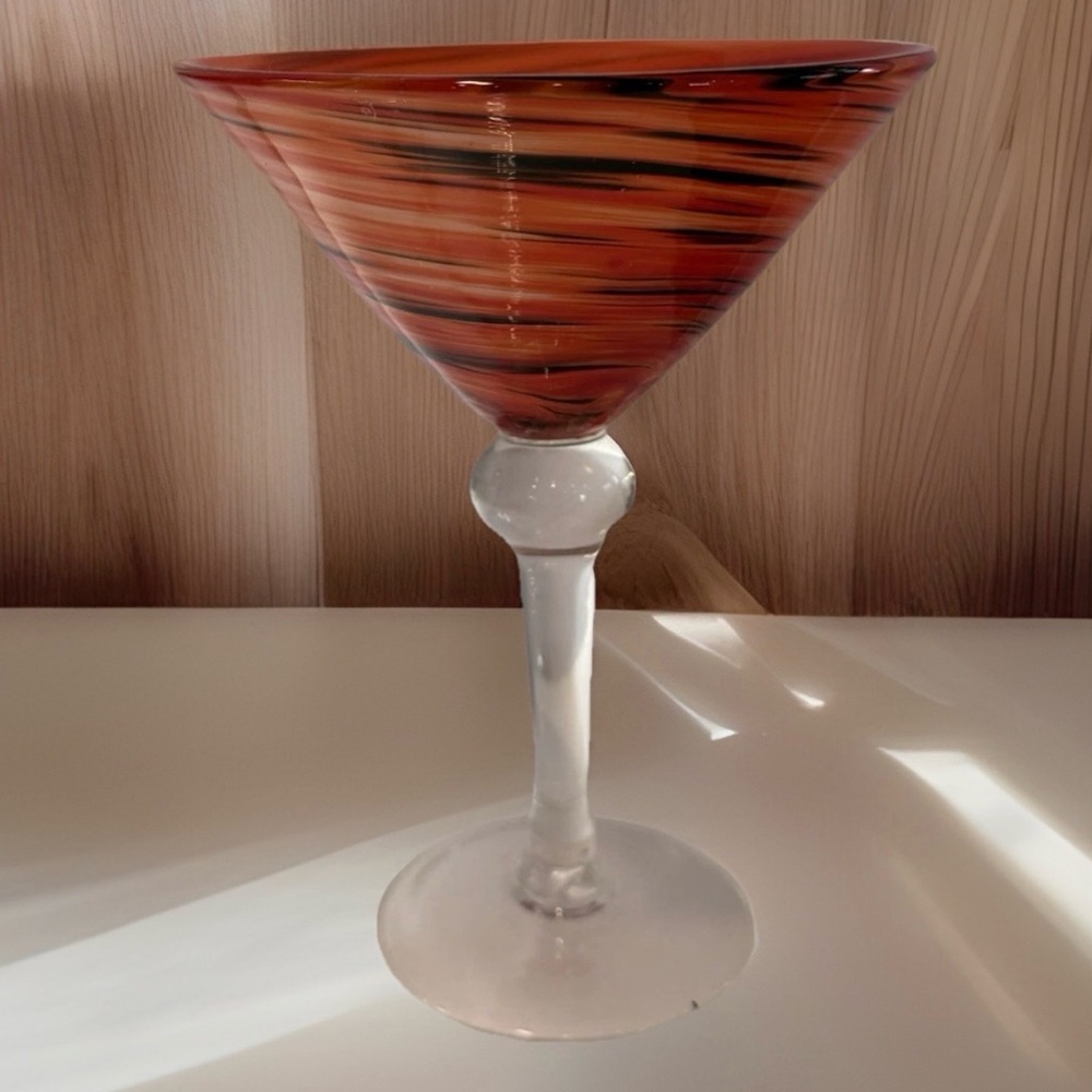 2 Pier 1 Hand Blown Red, Orange, Black Swirls Martini Margarita Glasses 7" Solid - Picture 2 of 6